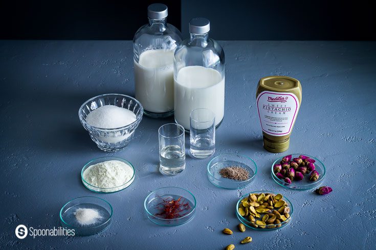 Ingredients for the ice cream: sweet pistachio cream, rosewater, corn syrup, sugar, dry milk powder, xanthan gum, cardamom, whole milk, heavy cream, and saffron. Recipe at Spoonabilities.com