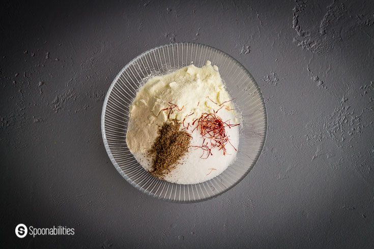 Dry ingredients for the ice cream: sugar, dry milk powder, saffron, cardamom, and xanthan gum. More details at Spoonabilities.com