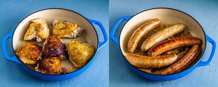 Two photos in a blue cast iron casserole: One with browned chicken and another one with browned sausage. Recipe at Spoonabilities.com