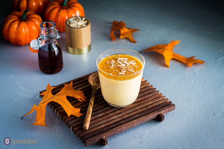 A dessert glass with Pumpkin Coconut Panna Cotta with a drizzle of Cinnamon Maple Syrup and garnished with toasted coconut flakes. Recipe at Spoonabilities.com