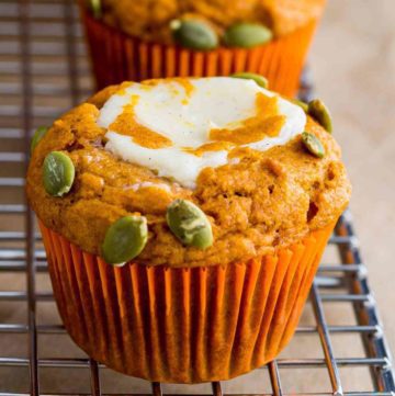 Close up photo for the Starbucks copycat recipe Pumpkin Cream Cheese Muffin. Recipe at Spoonabilities.com