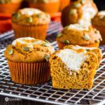Close up photo for the Starbucks copycat recipe Pumpkin Cream Cheese Muffins. The photo it's showing the inside of one muffins. Recipe at Spoonabilities.com