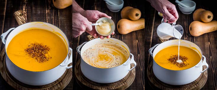 Three photos are showing the steps adding the seasoning to the roasted butternut squash soup: First, the smoked chili flakes, then the Raw Rata Honey, and last the coconut cream. Recipe at Spoonabilities.com