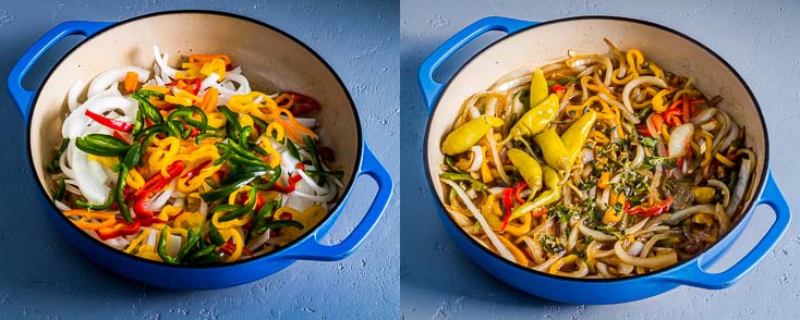 Two photos in a blue cast iron casserole: One with raw veggies and another one with sauted veggies. Recipe at Spoonabilities.com