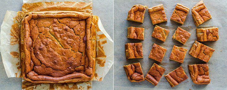 Two photos combine into one collage. The picture on the left is the pumpkin magic cake after cooled down and out of the baking dish; the image on the right side the cake was cut into a small square (16 pieces). Recipe at Spoonabilities.com