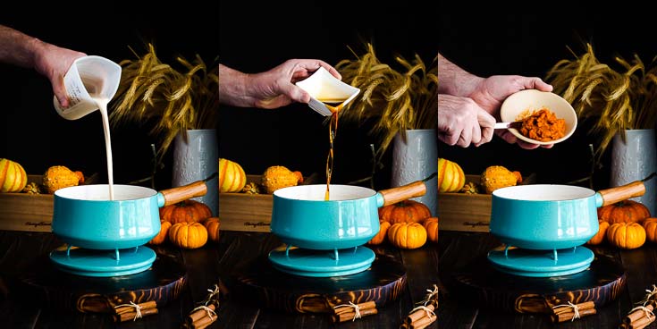 Step two of making coconut rice pudding: add the evaporated milk, coconut cream, Vermont maple syrup, and the pumpkin puree. More details at Spoonabilities.com