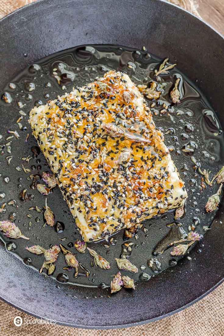 Close up of the pan-fried feta showing all the details of the beautiful crust, the honey, and the balsamic. Recipe at Spoonabilities.com