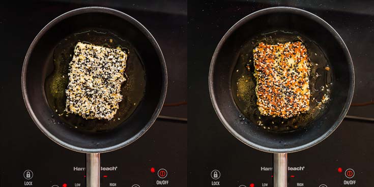 Pan frying the sesame crusted feta cheese. Two photos showing each side. recipe at Spoonabilities.com