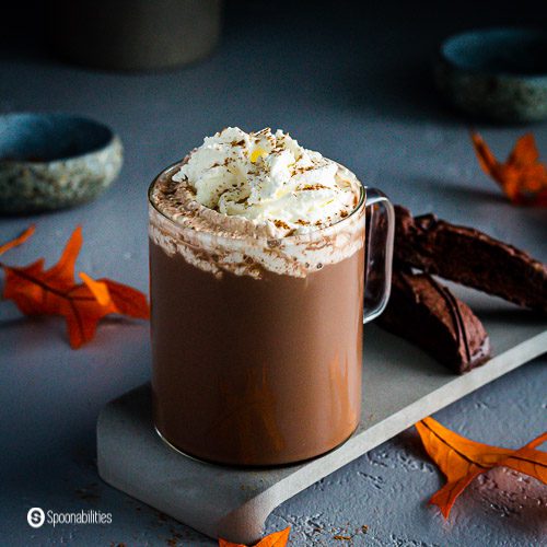 A glass cup with pumpkin spice mocha and whipped cream. The cup is on top of a concrete tray with fall leaves around the table and two chocolate biscotti in the background. Recipe at Spoonabilities.com