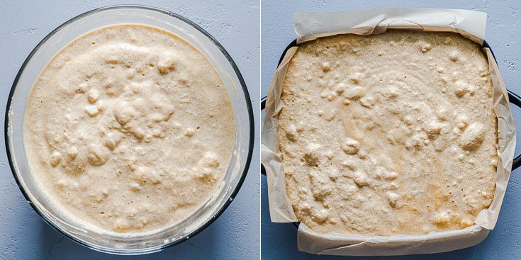 two pictures combined: The picture on the left side has a glass mixing bowl with the mixed magic cake batter and the one of the right the pumpkin magic cake batter is in a square baking dish covered with parchment paper. Recipe at Spoonabilities.com