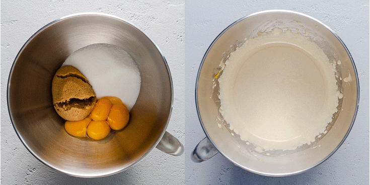 The first step is making the magic cake batter: two photos, the first one with the eggs, brown sugar, and white sugar. The second bowl is beaten. Recipe at Spoonabilities.com