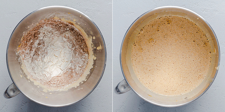 The second step is making the magic cake batter: two photos, the first one with the beaten egg-sugar mixture with the flour and spices. The second bowl is when everything has been combined. Recipe at Spoonabilities.com