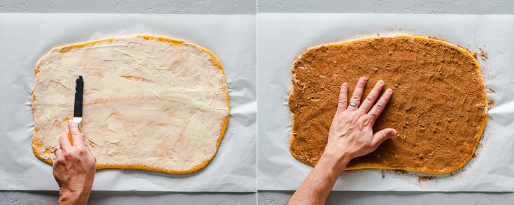 Two photos with the shaped pumpkin dough roll: The image on the left side a hand with a spatula spreads the softened butter and the picture on the right pressing with one hand the cinnamon pumpkin spice filling. See the full steps of this recipe at Spoonabilities.com