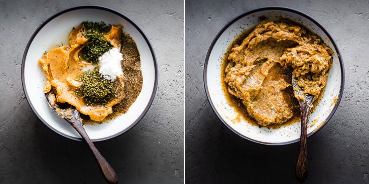 Two photos with a small bowl: One with all the ingredients for the brown butter mix and the second ingredients with all the ingredients combined. Recipe at Spoonabilities.com