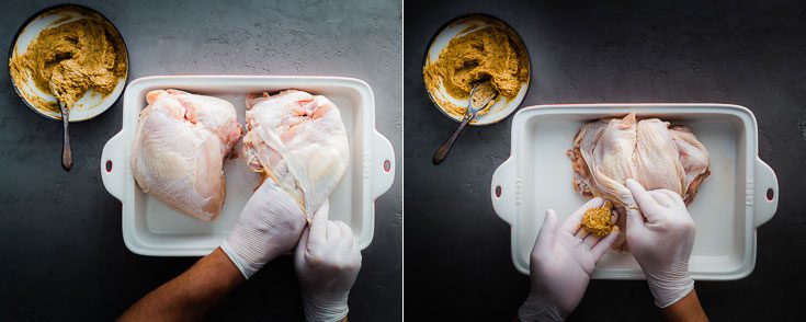 Two photos with the bone-in turkey breast with skin-on: The left side photo two hands are loosing the turkey skin and the second photo is adding the brown butter mix between the skin. Recipe at Spoonabilities.com