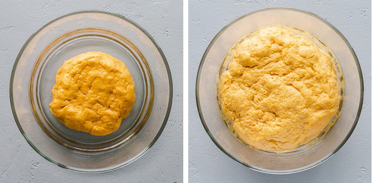 Two photos with the pumpkin dough: The left picture with the dough in a glass bowl before resting ready to rise. The second photo after rising. Recipe at spoonabilities.com