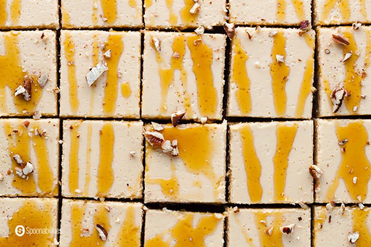 Close up photo from overhead with 15 bars with Maple drizzle and chopped pecans. Recipe at Spoonabilities.com