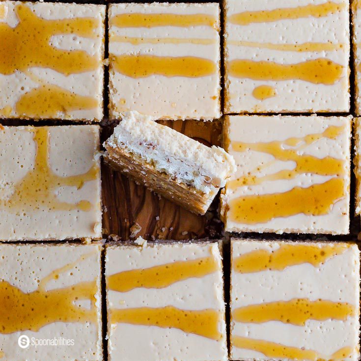 A overhead photo and a close up showing the crust of the cheesecake with the creamy filling. Recipe at Spoonabilities.com