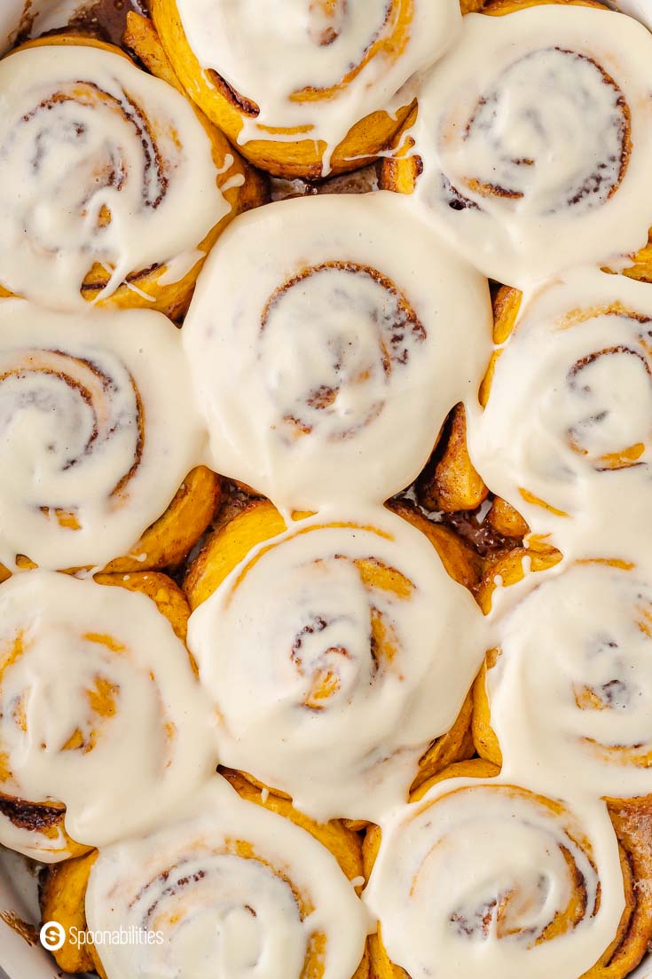 Cinnamon Rolls with pumpkin flavor glazed with Maple Cream Cheese Icing. This picture is a tight close-up showing the goodness of the glaze. Recipe at Spoonabilities.com