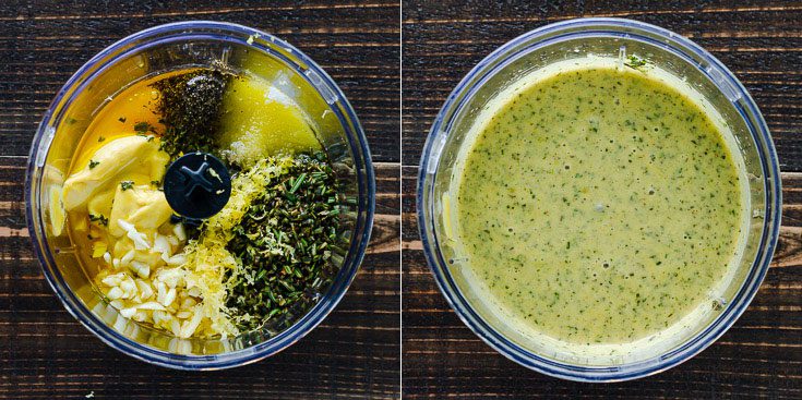 Two photos together in a small food processor container. The left photo has the ingredients for the honey mustard seasoning before blending and on the right after blending. Recipe at Spoonabilities.com