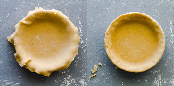 Photo collage with two photos: The first one with the pie dough in the pie dish with overhanging dough, and the second photo after we remove any overhanging and tucked the dough on the edges of the pie dish.
