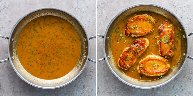 Two photos: the left photo with the apricot Dijon mustard sauce with the four seared pork chops. Recipe at spoonabilities.com