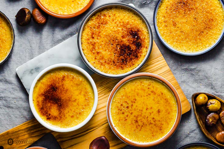 Five brûlée dishes with a flavored Chestnut Burned cream. Recipe At Spoonabilities.com