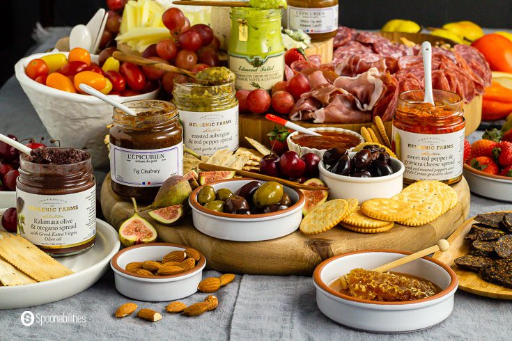 6 gourmet spreads served on a grazing table in the blog post charcuterie board ideas. Recipe at Spoonabilities.com