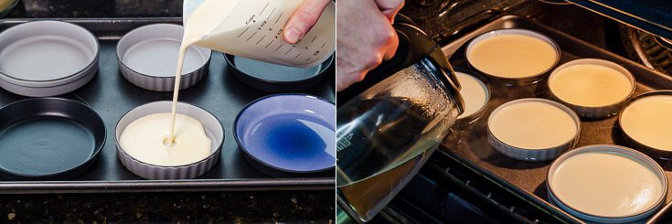 Two photos. The first photo a hand pouring the chestnut custard into the small brûlée ramekins and the second photo with the ramekins on a baking tray and a hand pouring the hot water on the tray. Recipe at Spoonabilities.com