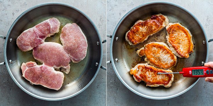 Two photo steps searing the four pork chops. In one of the photos a hand is taking the internal temperature of the pork chops. Recipe and details at spoonabilities.com