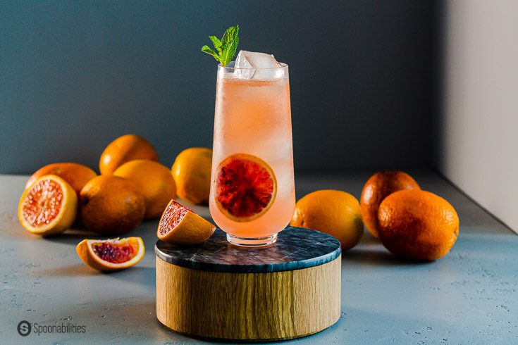 A tall glass in a pedestal with a ginger beer cocktail. in the background fresh blood oranges. Recipe at Spoonabilities.com