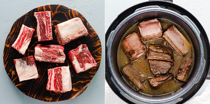 Two photos: on the left side raw short ribs and on the right side a cooked short ribs in the instant pot. Recipe at Spoonabilities.com
