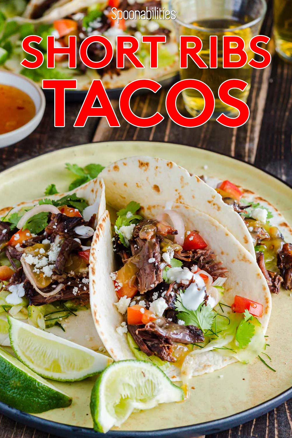 Overhead photo with two round plates, and each plate has three short ribs tacos. I cooked the short ribs in the instant pot. Around the plates, you have chips and salsa. Recipe at Spoonabilities.com