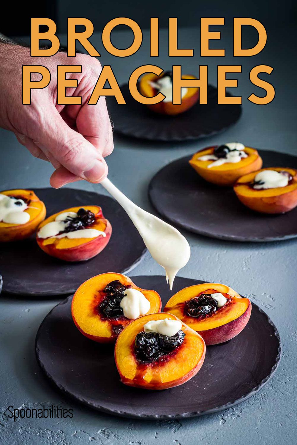 Broiled Peaches with Black Cherry Preserves and Crème Fraiche