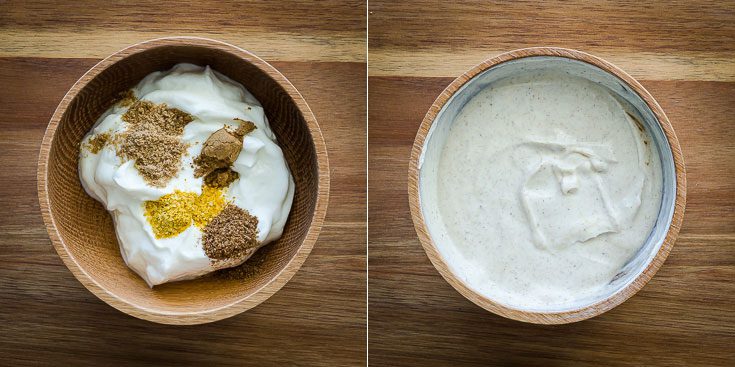 Two steps on how to make the Greek Yogurt Garam Masala Dipping Sauce. There are two photos, one bowl with the ingredients and the second one already mixed. Recipe at Spoonabilities.com
