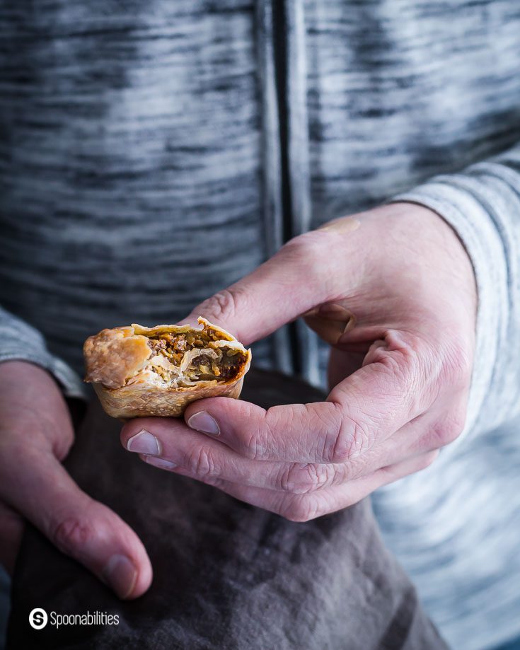 A hand holding a air fryer egg rolls after eating one bite. The egg rolls is vegan and made with vegan salami and beyond meat. Recipe at Spoonabilities.com