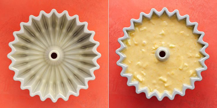 Two photos with the Nordic Ware Brilliance Bundt cake mold, The first photo is the empty mold greased with Baker’s Joy baking spray and the second photo with the cake batter. Recipe at Spoonabilities.com