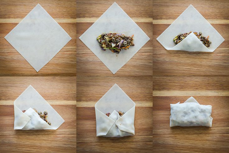 Step-by-step directions with photos of how to wrap vegan egg rolls. Recipe at Spoonabilities.com
