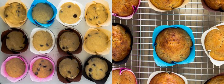 The photo on the left is the sourdough muffins before going to the oven in the muffin tin and the muffins' right side after baking in a cooling rack. Recipe at Spoonabilities.com