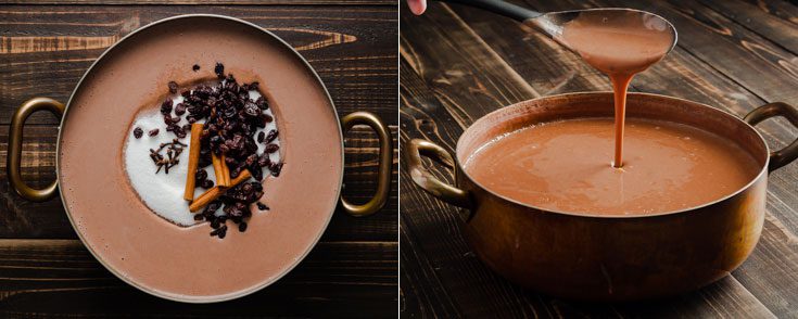 A large pot in two photos The photo on the left side shows the different ingredients before cooking the sweet beans, and the second photo shows the consistency of the cream of sweet beans. Learn more about this Dominican dessert recipe at Spoonabilities.com