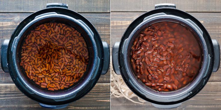 Two photos show the beans before cooking and the other one after being cooked in the pressure cooker. Learn more about how to cook beans at Spoonabilities.com