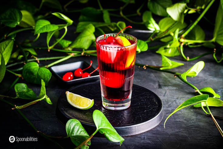 Overhead close-up of a tall glass with a tart cherry margaritas. The glass is on top of a black platform plate and surrounds plant leaves and garnished with maraschino cherries. Find out more about this margarita recipe at Spoonabilities.com