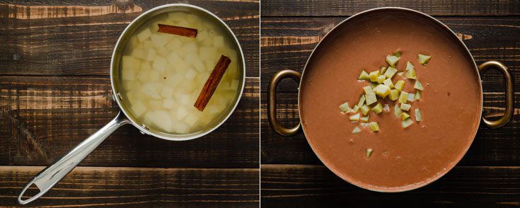 One photo shows the cubed white sweet potatoes in a small pot, and the other photo shows the habichuelas con dulce and the cooked batatas. Learn what is batatas at Spoonabilities.com