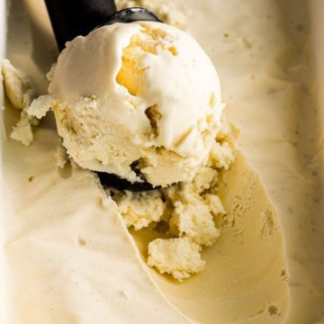 close up of a scoop of ice cream made from homemade eggless ice cream base
