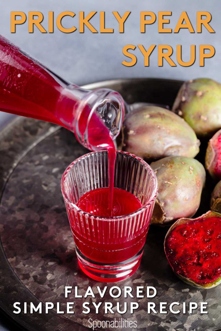 bottle of prickly pear simple syrup being poured in a glass