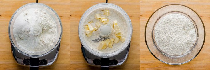 Three photos with a food processor showing the steps making the dough for the scones. Recipe at spoonabilities.com