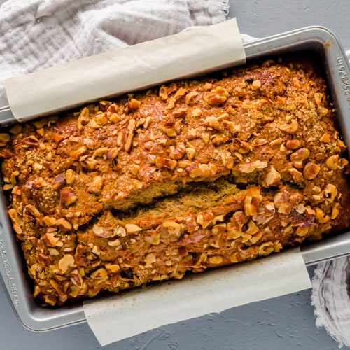 The banana bread on the baking pan after came out of the oven.