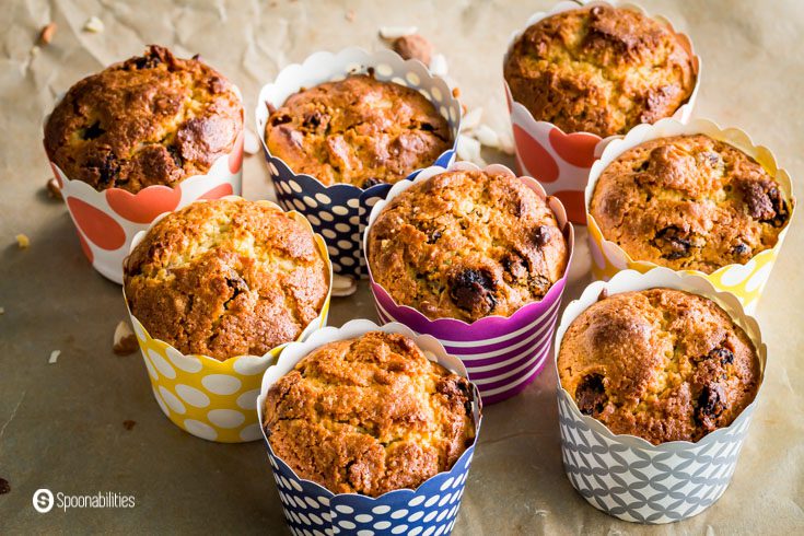 Eight Almond Sourdough Muffin Recipe in a colorful cupcake wrapper. Recipe at Spoonabilities.com