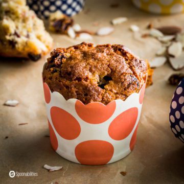 One Almond sourdough muffin recipe made with sourdough starter, almond extract, orange zest, raisins and almonds. Recipe at Spoonabilities.com