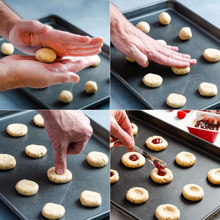 Step by Step photos on how to make the almond Thumbprint cookies